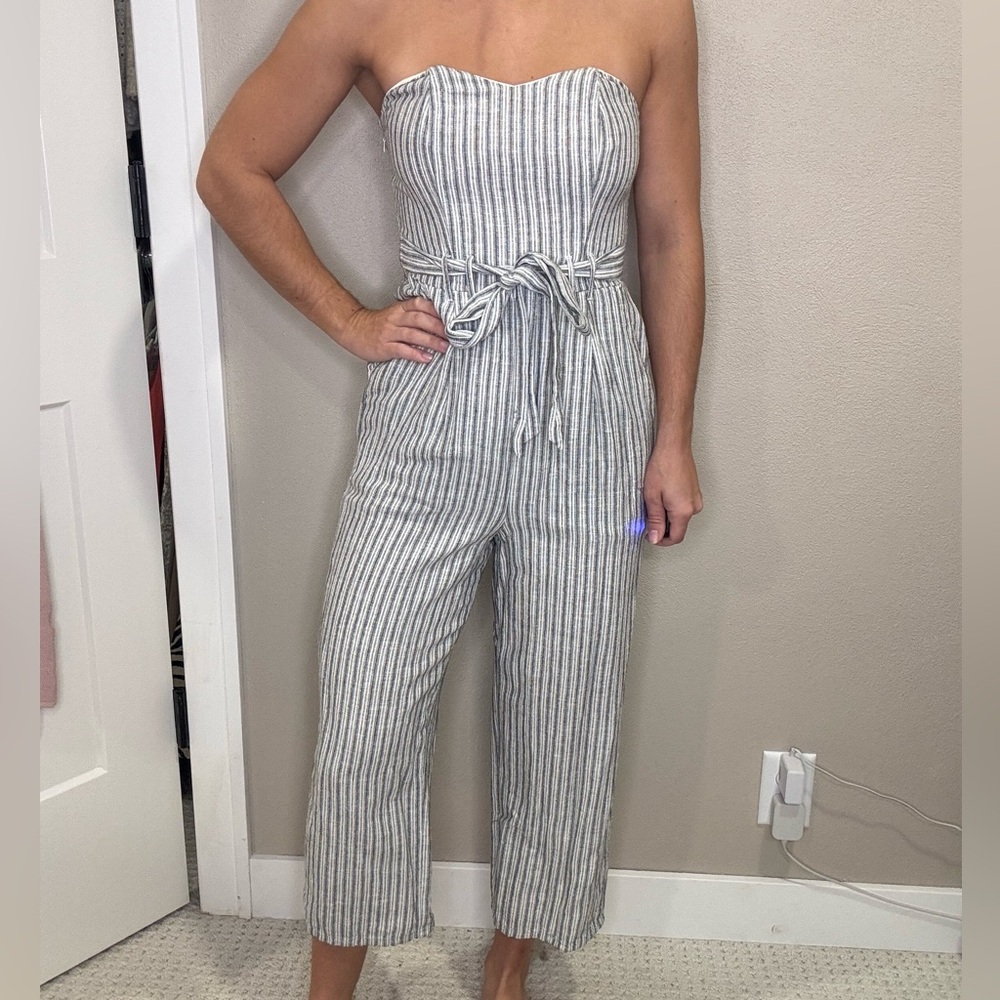 American Eagle Outfitters Gray Striped Strapless Jumpsuit
